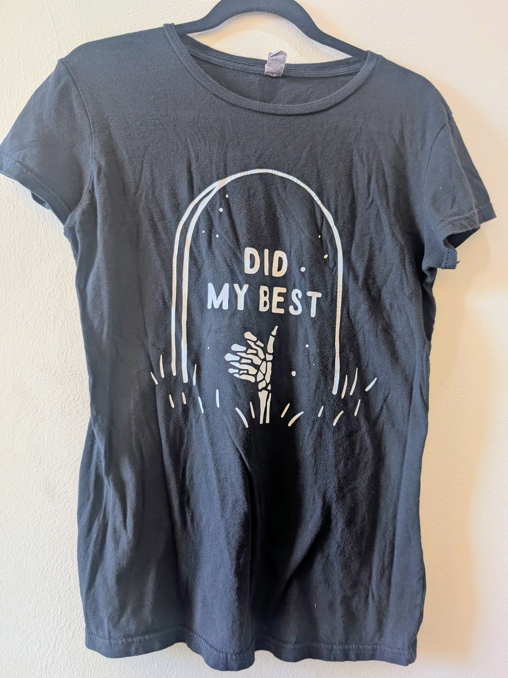 Black "Did My Best" Tombstone Skeleton Grave Goth Crew Neck T-Shirt Womens M EUC